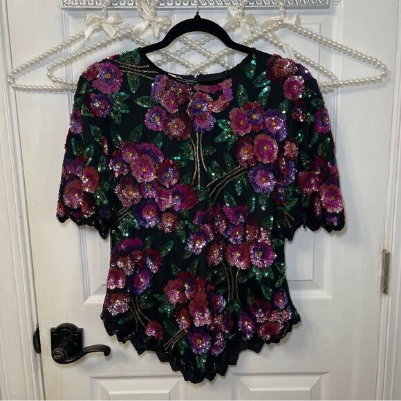 Laurence Kazar Tops - Vintage Laurence Kazar Silk Floral Beaded Sequined Top Multicolor Formal